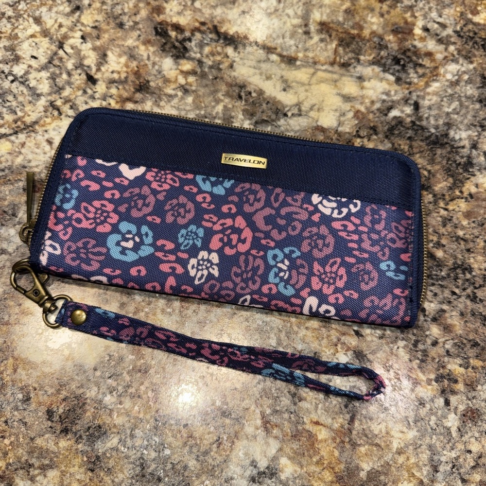 Travelon Multi Card RFID Polyester Wallet Blue Pink Floral Wristlet Strap
